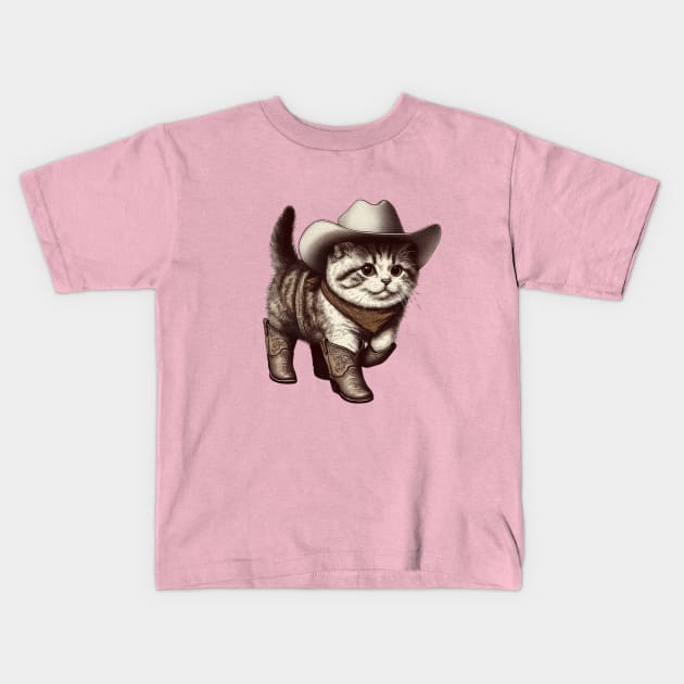 Cute Cowboy Cat with Hat and Boots Kids T-Shirt by Curious Sausage